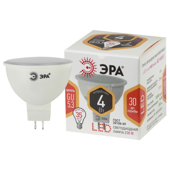 Лампа светодиодная ЭРА STD LED MR16-4W-827-GU5.3 GU5.3 4Вт софит теплый белый свeт