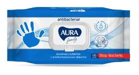 Cалфетки влажные 180шт AURA FAMILY с антибактериальным эффектом с крышкой