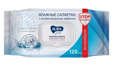 Cалфетки влажные 120шт AURA FAMILY с антибактериальным эффектом с крышкой